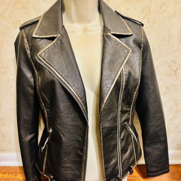 LA Coalition Dark Brown Faux Leather Moto Streetwear Edgy Tan Stitching Jacket S - Picture 1 of 9